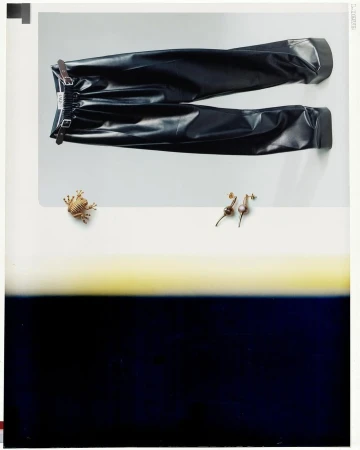 Loewe Fall 2025 ad campaign still showing dark leather trousers, a frog brooch, and earrings on a white and blue surface.