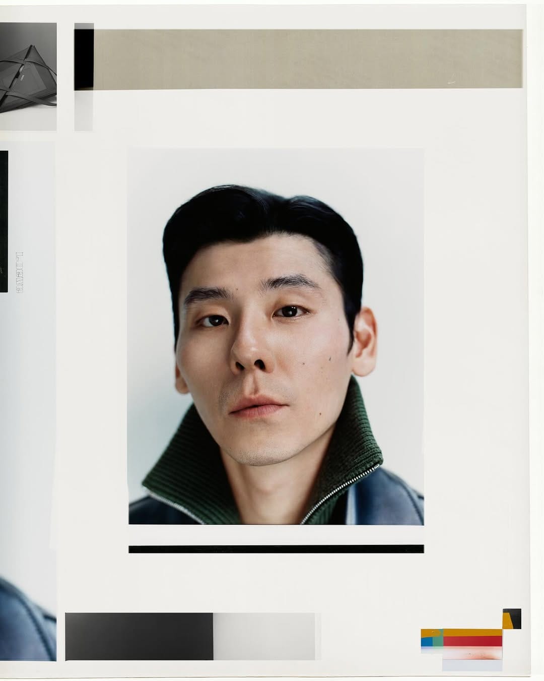 Portrait of Jiang Qiming wearing a green-collared jacket for the Loewe Fall 2025 ad campaign, photographed by Arnaud Lajeunie.