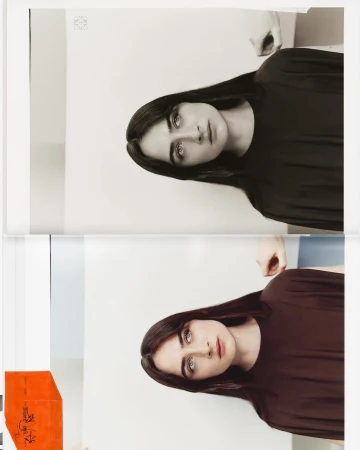 Portrait of a woman wearing a dark top against a white studio background for the Loewe Fall 2025 Ad Campaign.