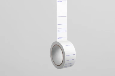 A roll of white adhesive labels with blue printed lines suspended against a pale grey background for Fathom Architects brand identity