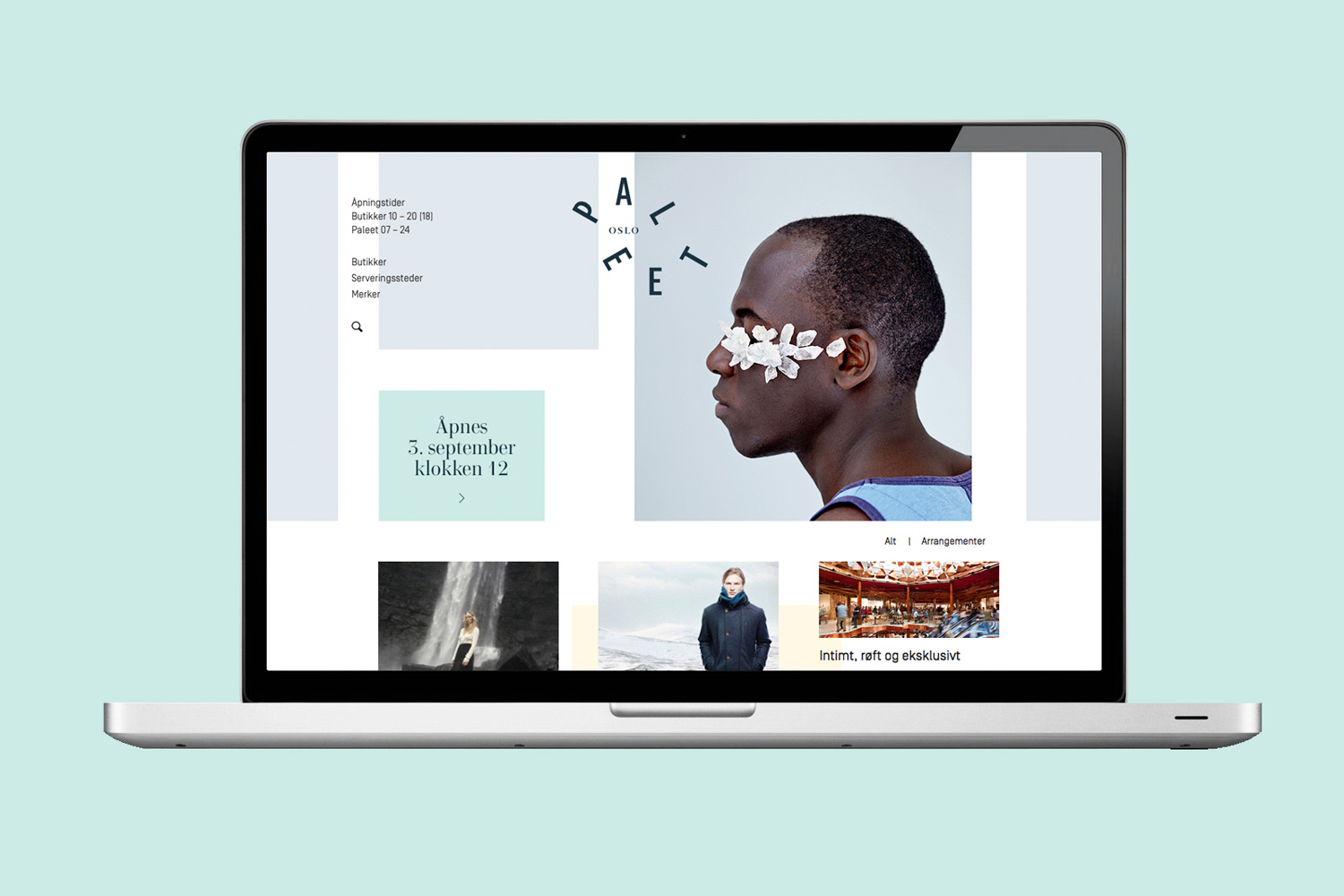 Laptop displaying website layout for Paleet featuring a profile portrait of a man with white flowers on his face.