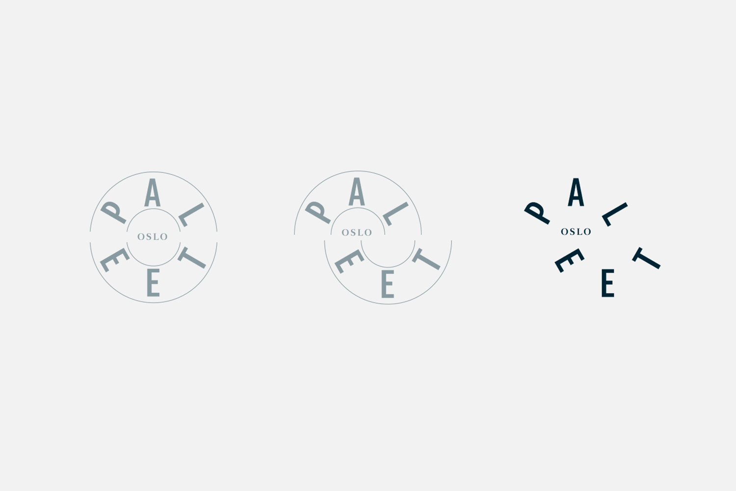 Minimalist graphic design brand identity logo variants for Paleet Oslo featuring circular typographic layouts against a light grey background