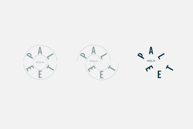 Minimalist graphic design brand identity logo variants for Paleet Oslo featuring circular typographic layouts against a light grey background