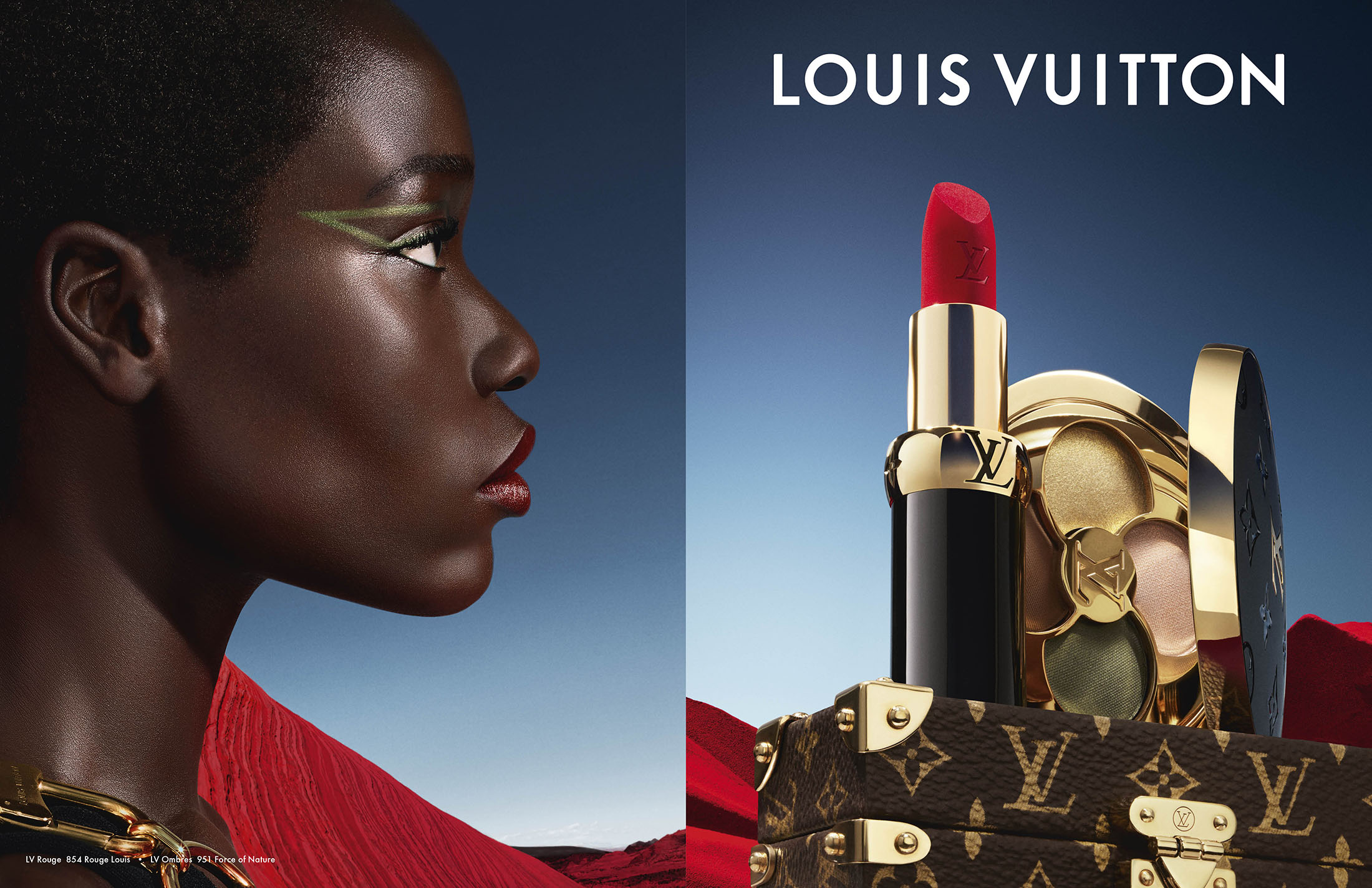 Profile of a black model with green graphic eyeliner next to a Louis Vuitton lipstick and compact resting on a monogram trunk.