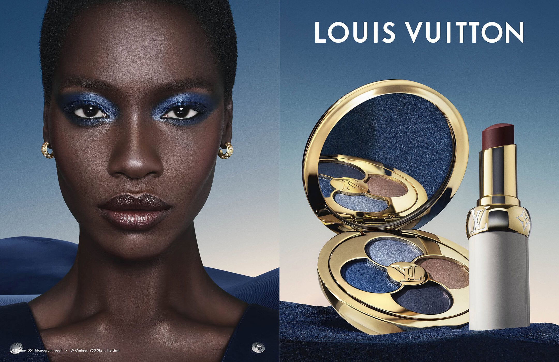 Close-up portrait of a Black woman with bold blue eyeshadow and dark lips alongside Louis Vuitton cosmetics against a twilight gradient background