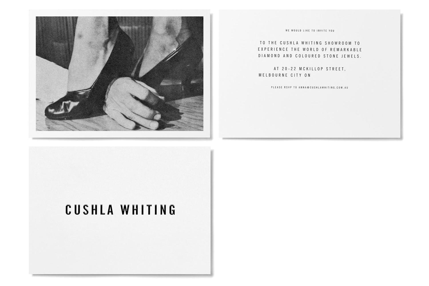 Cushla Whiting brand identity collateral showing a black and white image card, text invitation card, and minimalist logo card.