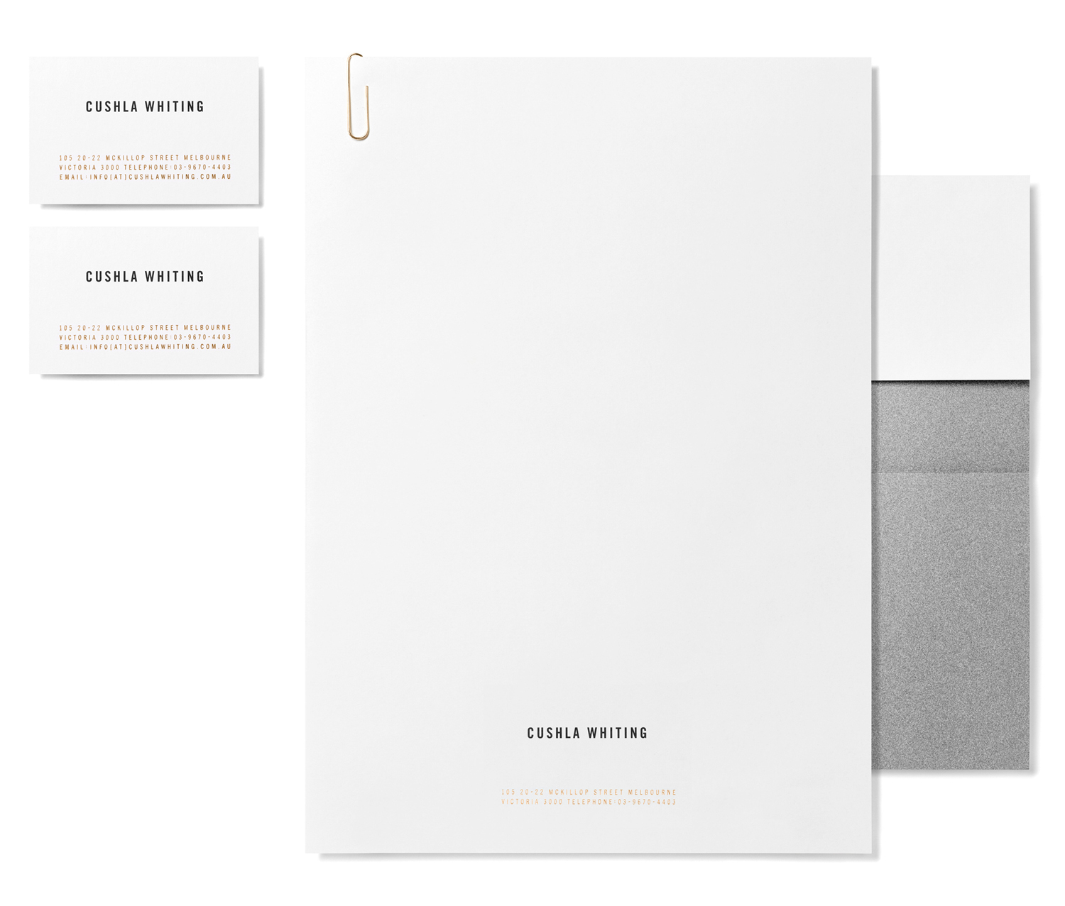 Branding materials for Cushla Whiting featuring business cards, letterhead with a paperclip, and an envelope on white