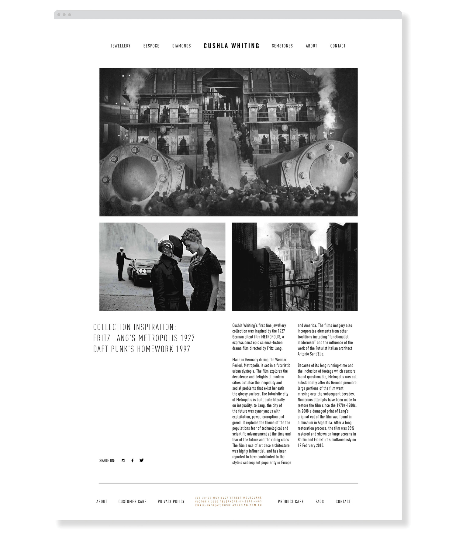 Web page layout for Cushla Whiting featuring black and white imagery inspired by Metropolis and Daft Punk