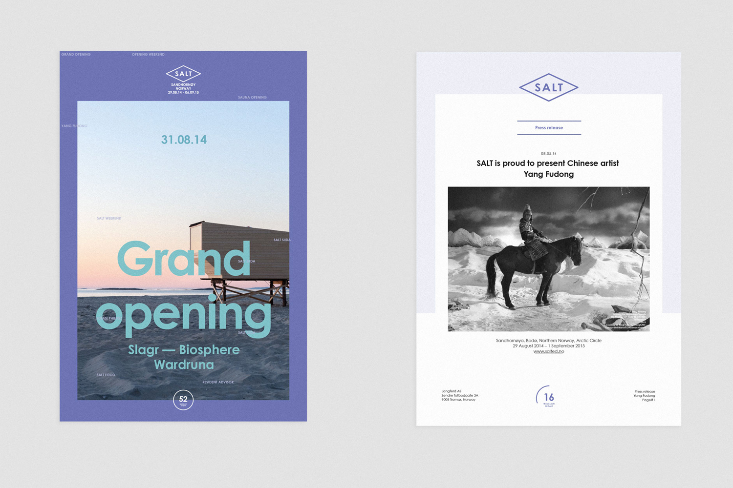 Two graphic design posters for Salt featuring bold typography, purple and white layouts, and imagery of a coastal structure and a rider on horseback.