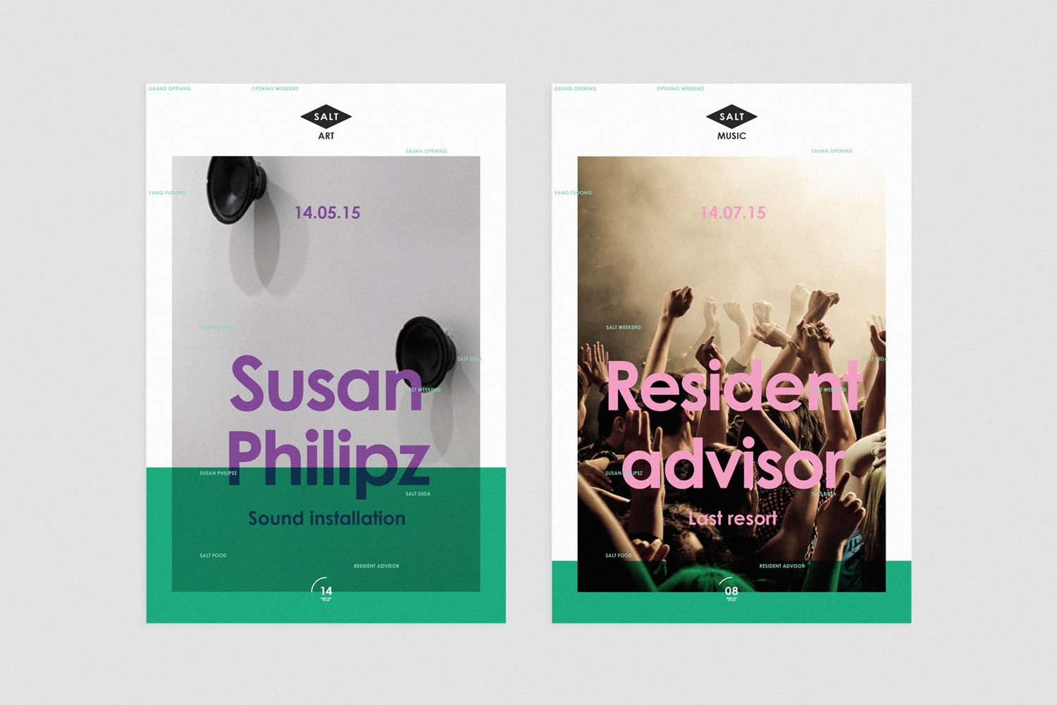 Two event posters for Salt featuring bold typography, graphic layouts, and green rectangular footer blocks on a white background.