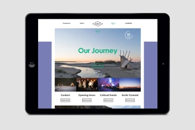 Digital tablet displaying the Salt brand website homepage with a landscape photo and menu items on a white background