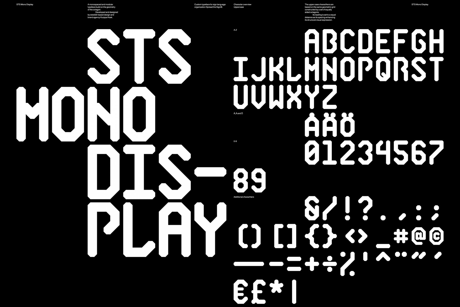 Monospaced modular typeface showcase with white uppercase letters, numbers, and symbols on a black background
