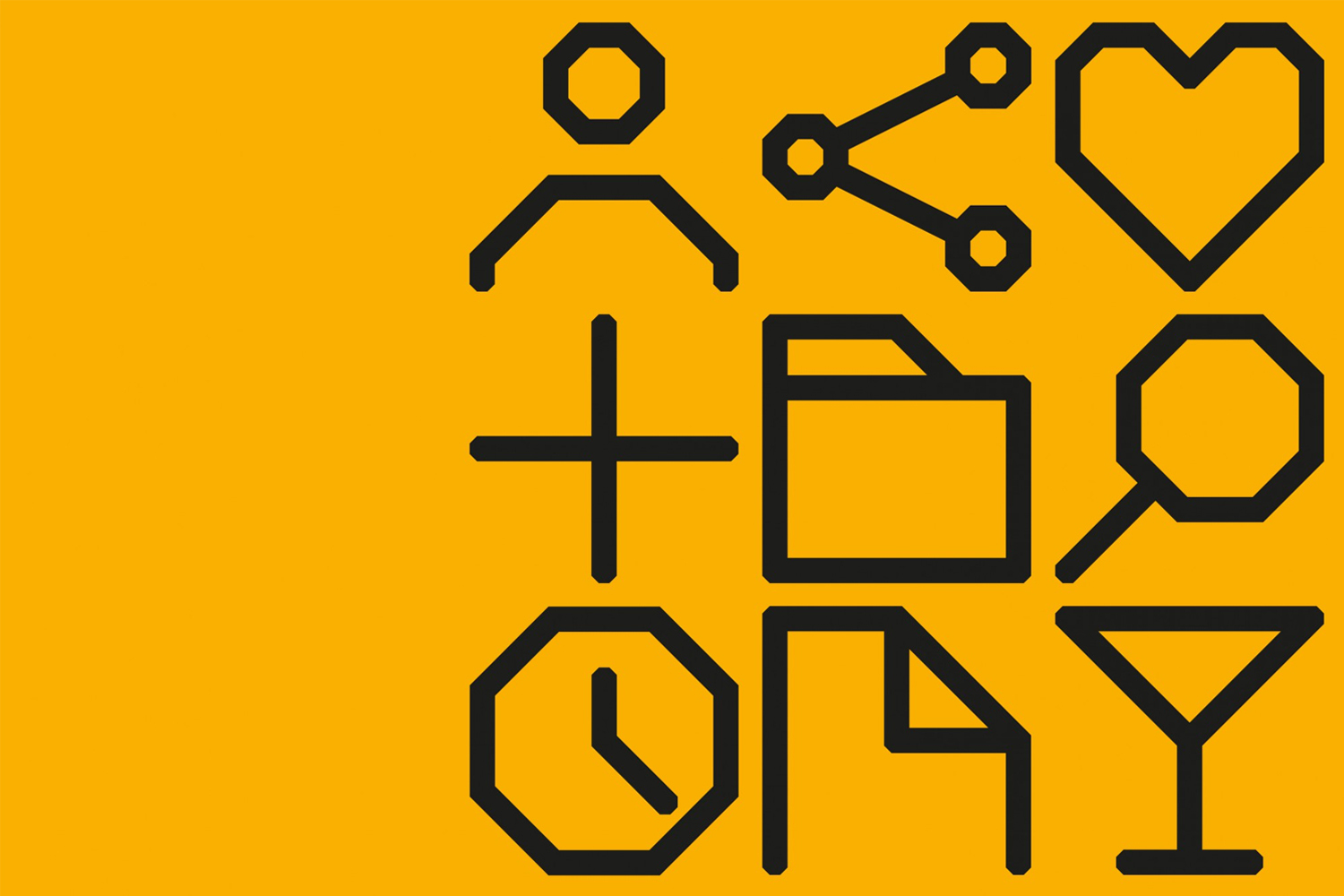 Bold geometric line icons in dark brown on a vibrant mustard yellow background.