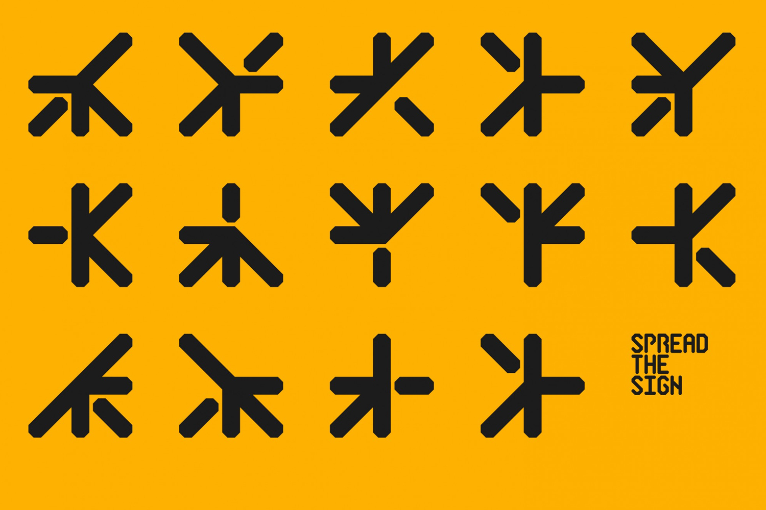 Black abstract typographic symbols arranged in rows on a vibrant yellow background with the text SPREAD THE SIGN.