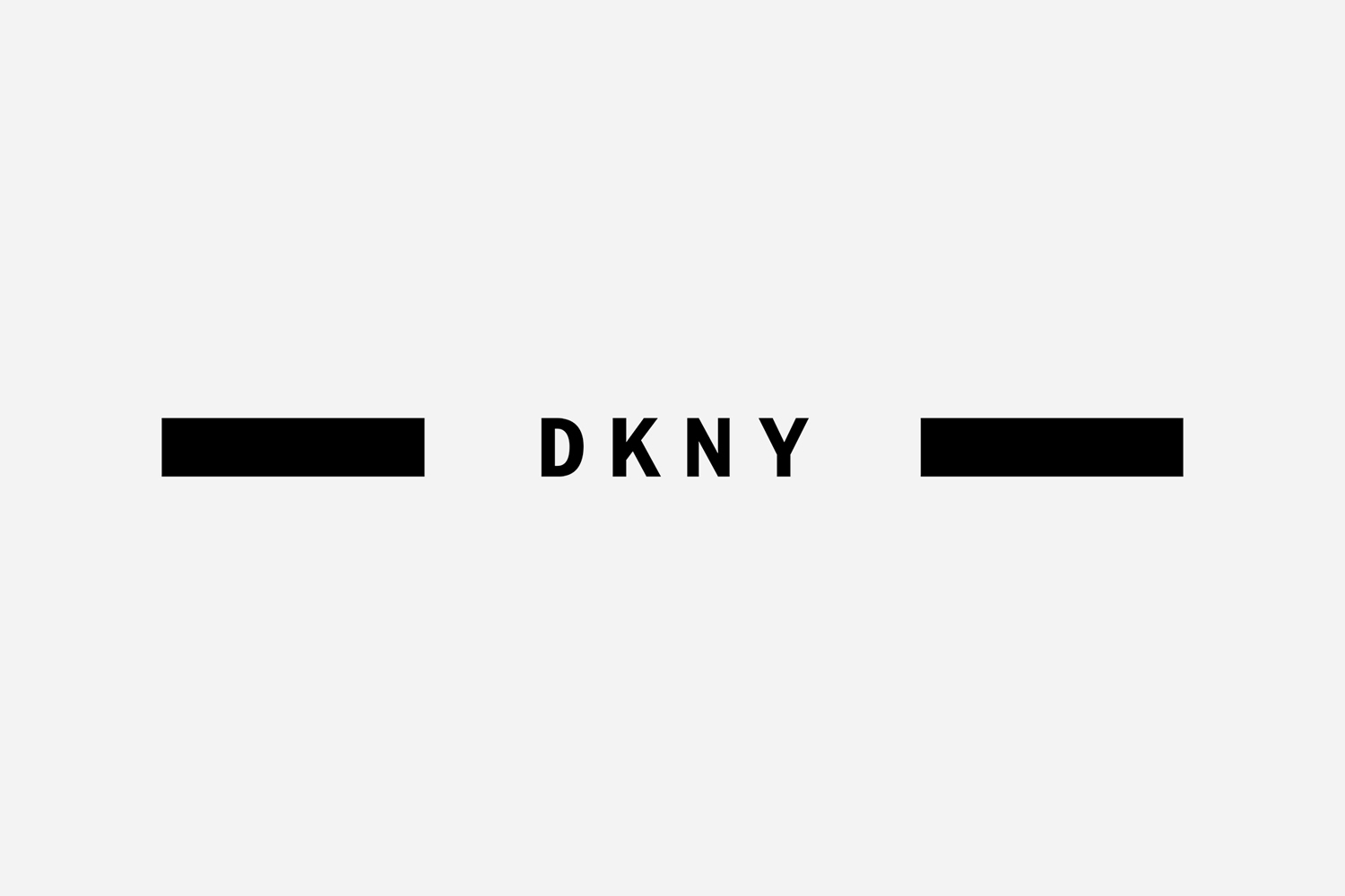 DKNY brand identity logo featuring minimalist typography centered between two solid horizontal black bars on light grey