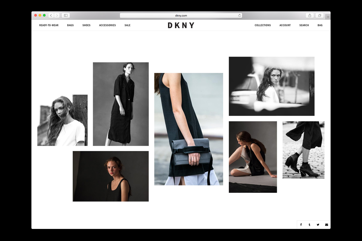 Browser window showing a DKNY brand identity website featuring a grid of black and white fashion photography.