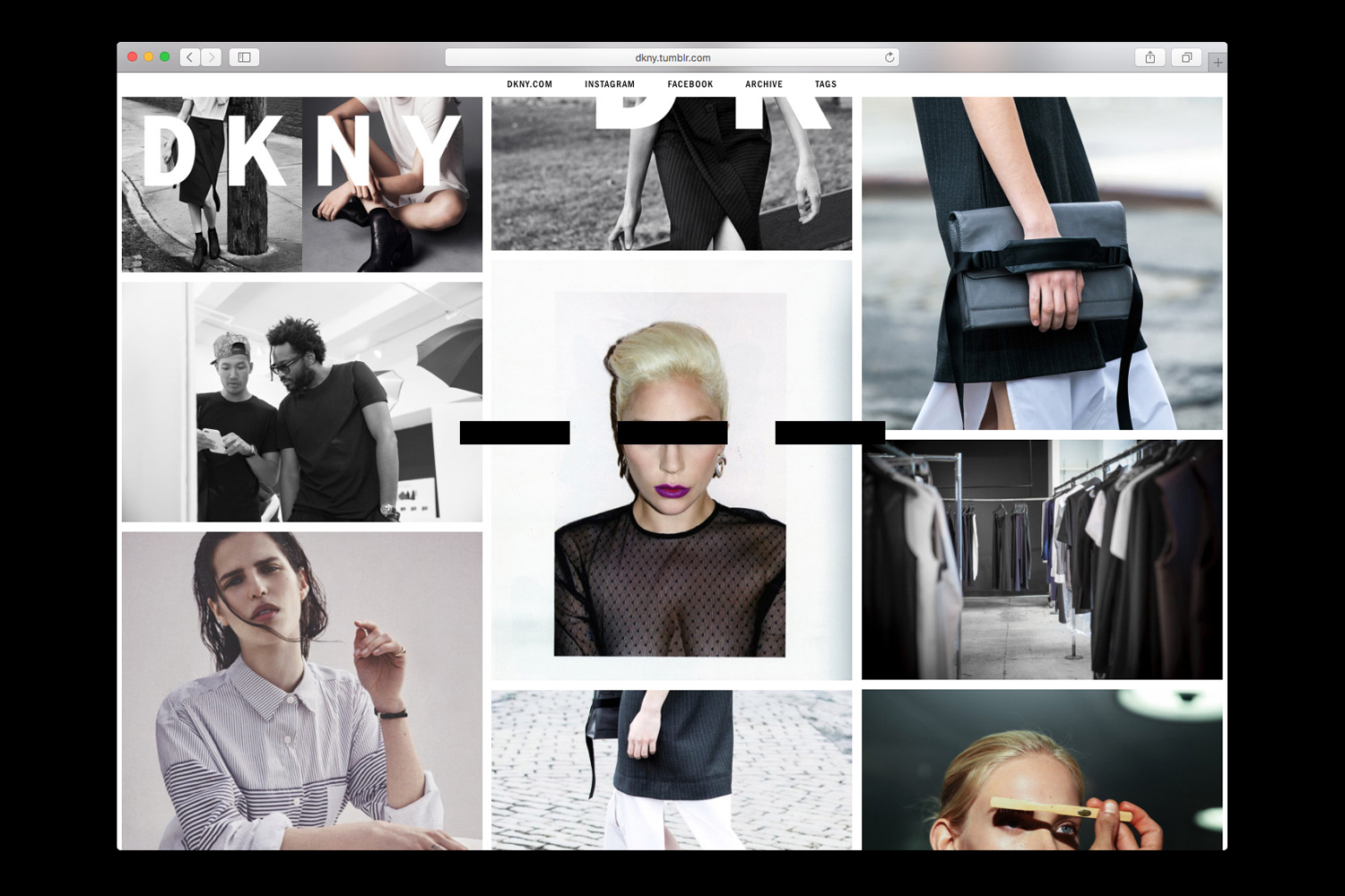 Collage of DKNY brand identity imagery featuring fashion models, clothing racks, and graphic design elements