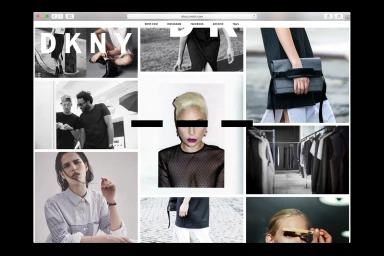 Collage of DKNY brand identity imagery featuring fashion models, clothing racks, and graphic design elements