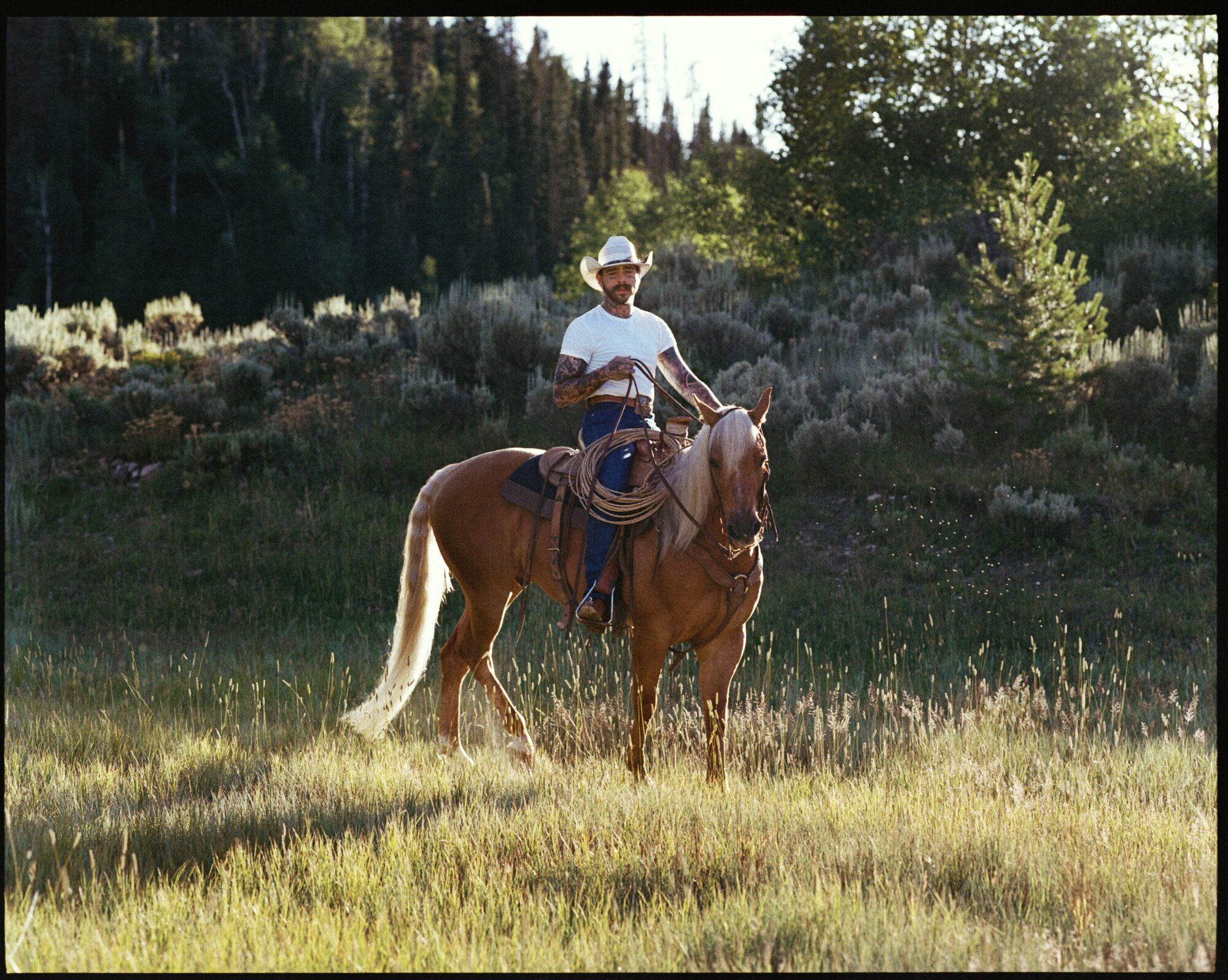 Post Malone wearing a white t-shirt and cowboy hat riding a brown horse in a meadow for SKIMS
