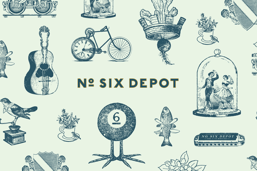 Vintage-style illustrative graphic pattern featuring whimsical drawings and the No. Six Depot brand name in the center