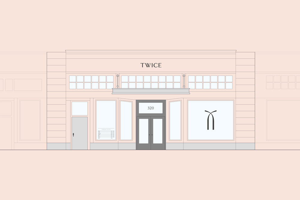 A flat vector architectural illustration of a storefront exterior for Twice featuring large display windows and double glass entry doors.