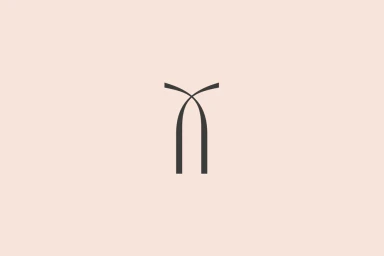 Minimalist graphic logo design featuring a dark stylized monogram emblem centered against a solid warm beige background.