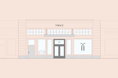 A flat vector architectural illustration of a storefront exterior for Twice featuring large display windows and double glass entry doors.