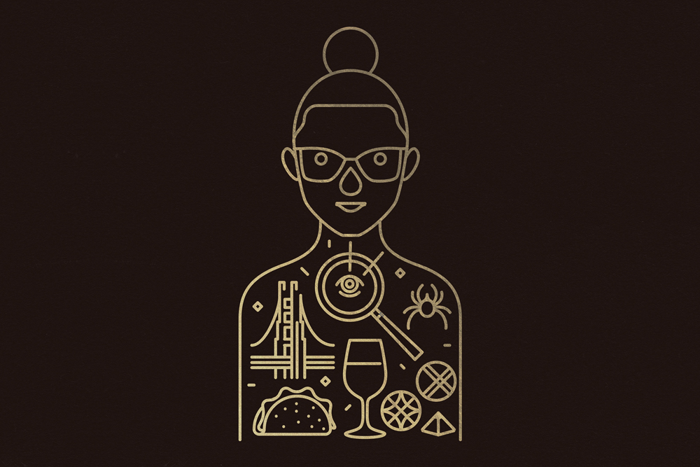 Gold line art illustration of a person with icons inside the torso on a dark background