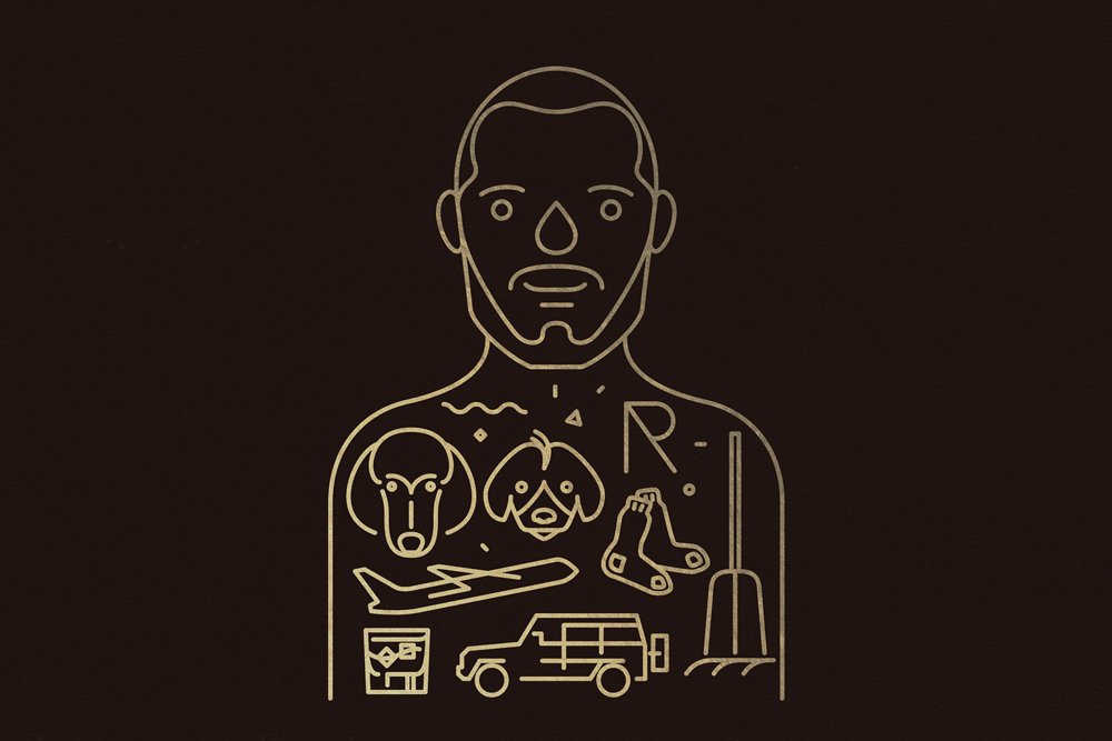 Minimalist gold line illustration of a man with various icons on a dark background for Redscout brand identity by Franklyn.