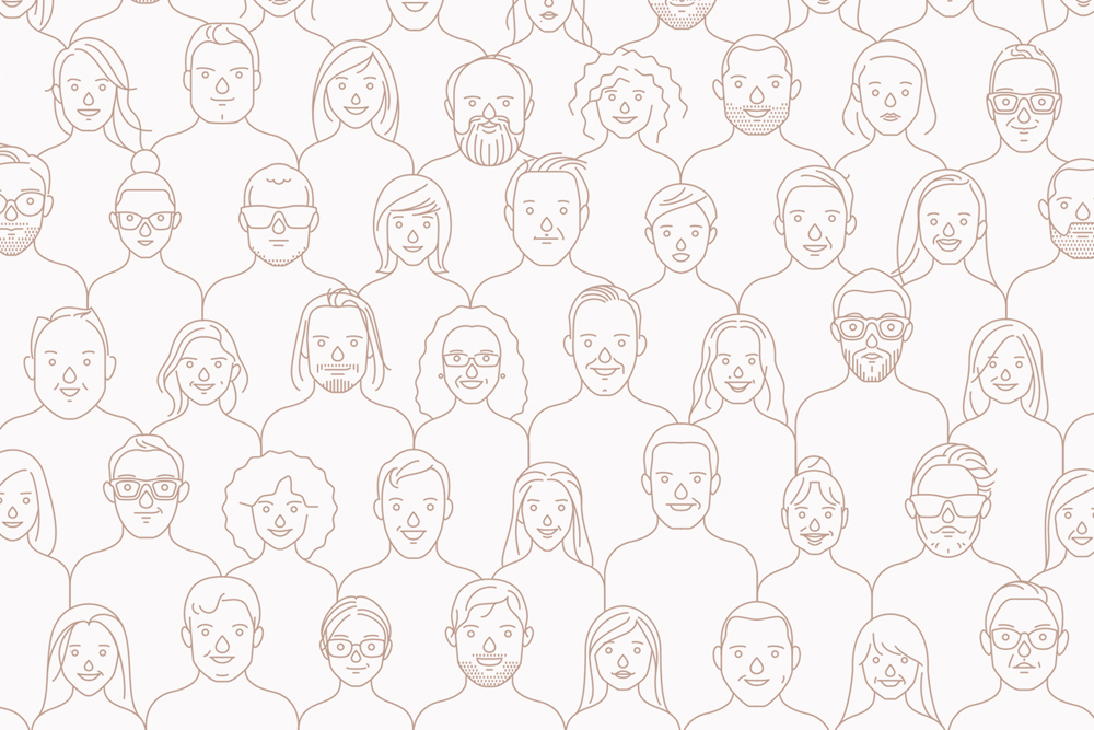Seamless minimalist vector pattern featuring line-drawn diverse portraits of people with various hairstyles and glasses on a pale background