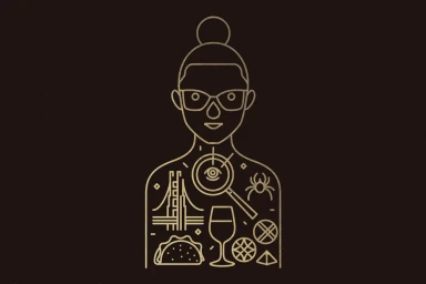 Gold line art illustration of a person with icons inside the torso on a dark background