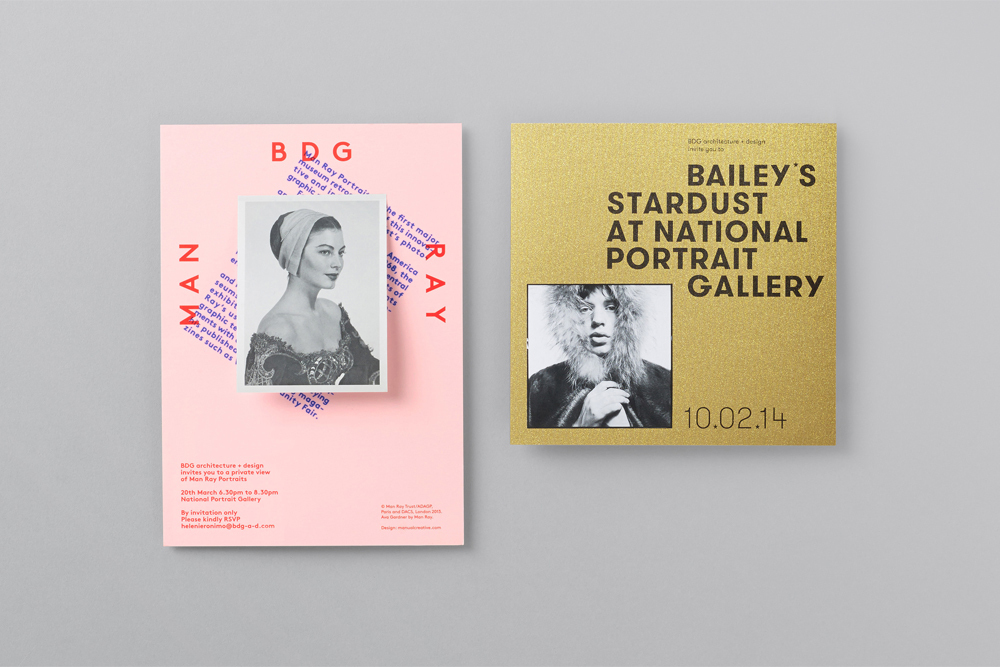 Two graphic design flyers laid flat on a grey surface featuring black and white photographic portraits and bold typography