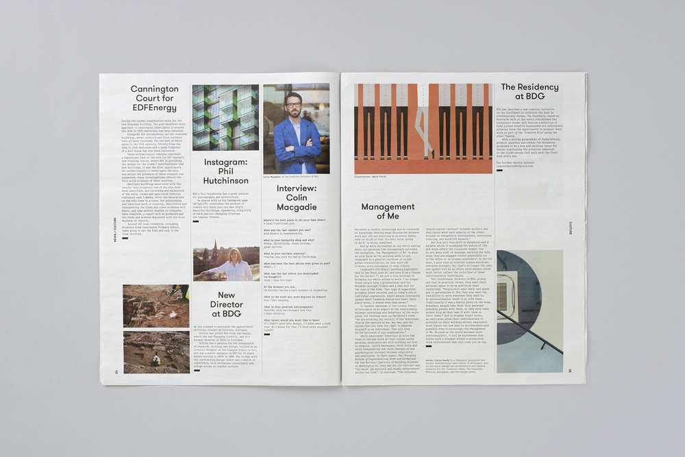 Spread of a newspaper layout featuring articles, photography, and graphic design for BDG.