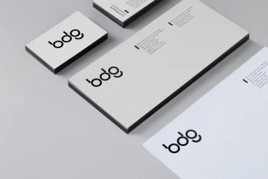 Minimalist corporate stationery set featuring business cards and letterhead with the BDG brand logo on white paper.