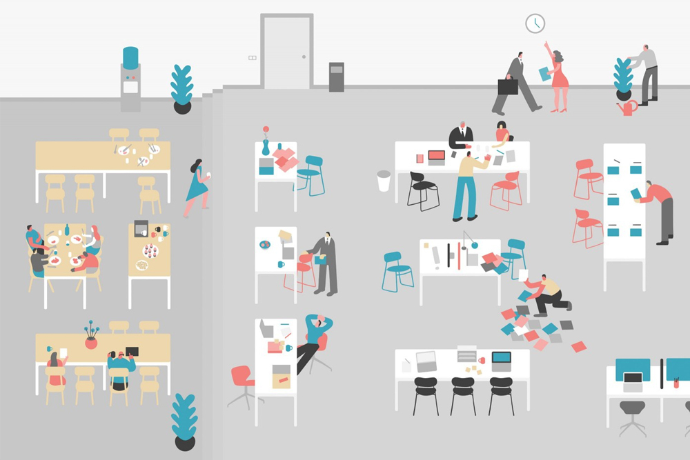 An aerial illustrated vector office scene showing multiple flat figures working at desks and walking across a grey floor