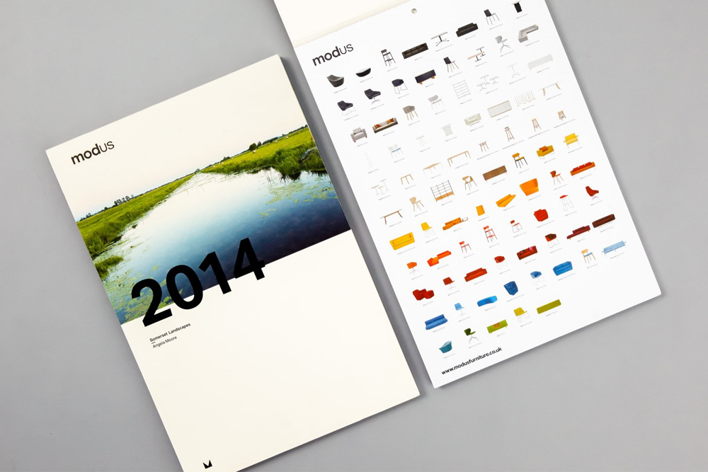 Modus brand identity catalogue and product grid layout displayed on a clean grey background surface.
