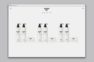 Website interface showing The Soap Co. product lineup featuring pump bottles and bar soap on a white background.