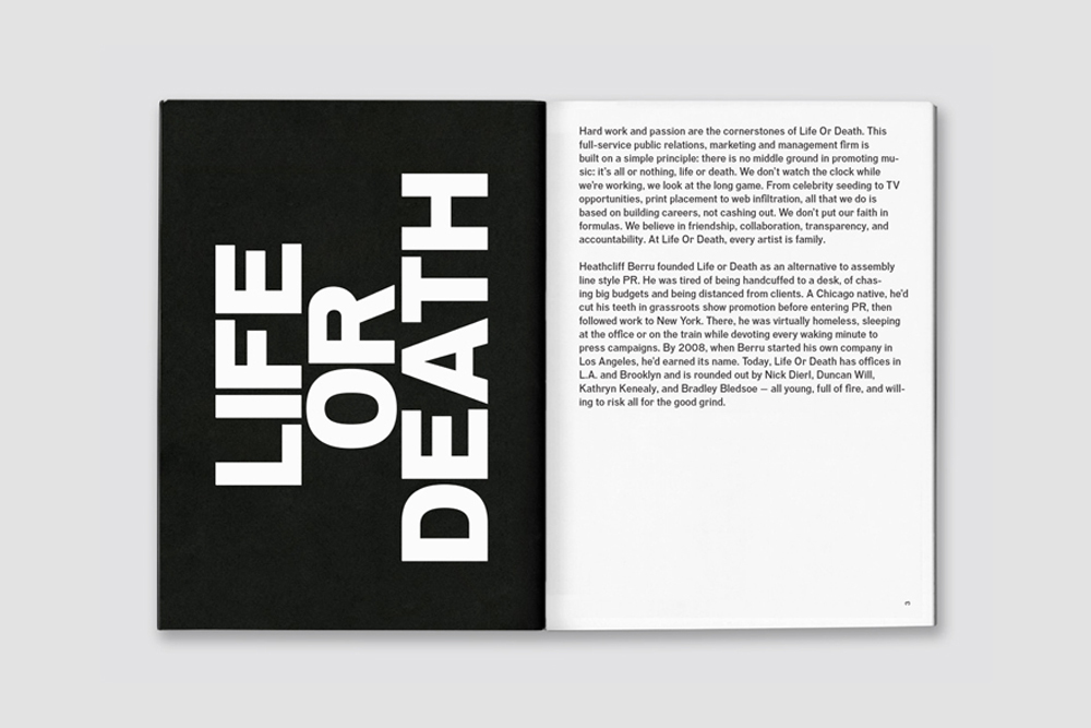 Open book spread showing bold white text reading Life or Death on a black left page and explanatory text on the right