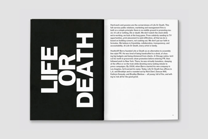 Open book spread showing bold white text reading Life or Death on a black left page and explanatory text on the right