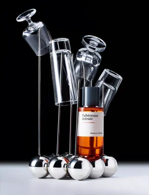 A perfume bottle and hanging clear glassware balanced on a chrome ball sculpture against a solid black background.