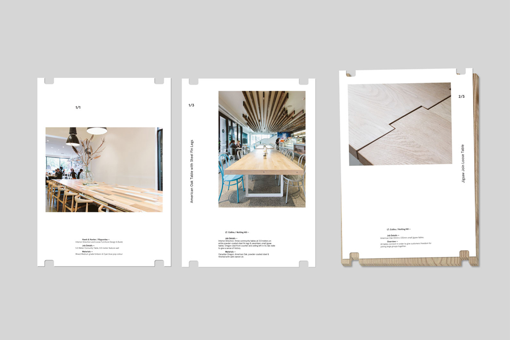 Three white presentation pages showing interior architecture photography and wooden furniture design concepts.