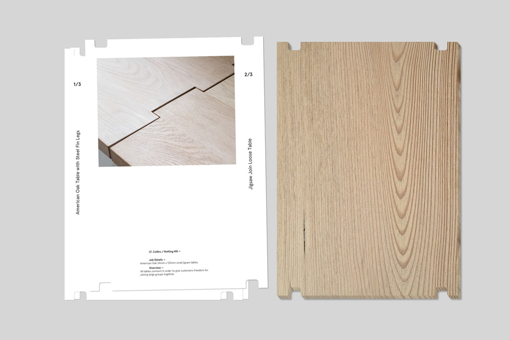 AP-DB brand identity layout showing product specifications and a wooden panel next to a white sheet.