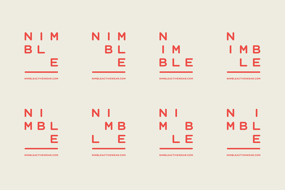 Eight variations of the Nimble brand logo featuring stacked red typography on a pale cream background