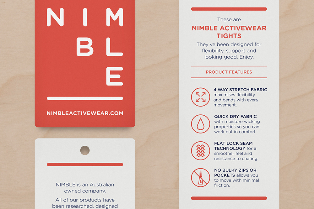 Graphic design brand identity collateral for Nimble featuring red and white packaging tags on wood
