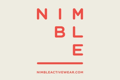 Red Nimble brand identity logotype centered on an off-white background with website URL