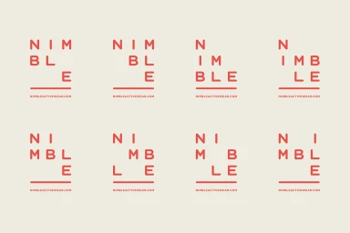 Eight variations of the Nimble brand logo featuring stacked red typography on a pale cream background