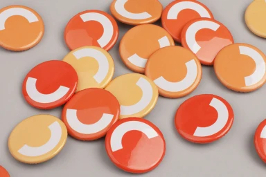 Collection of round orange, red, and yellow badges featuring white letter C graphic arranged on a grey surface.