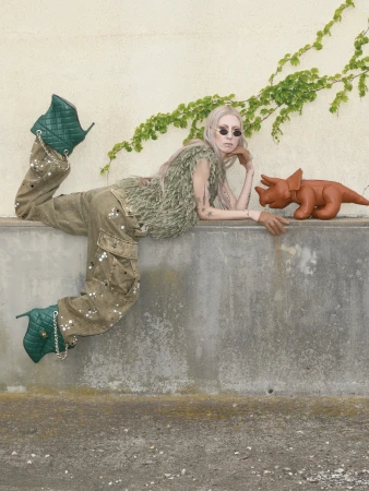 Model wearing green quilted boots and cargo pants posing against a concrete wall with a small leather dinosaur toy
