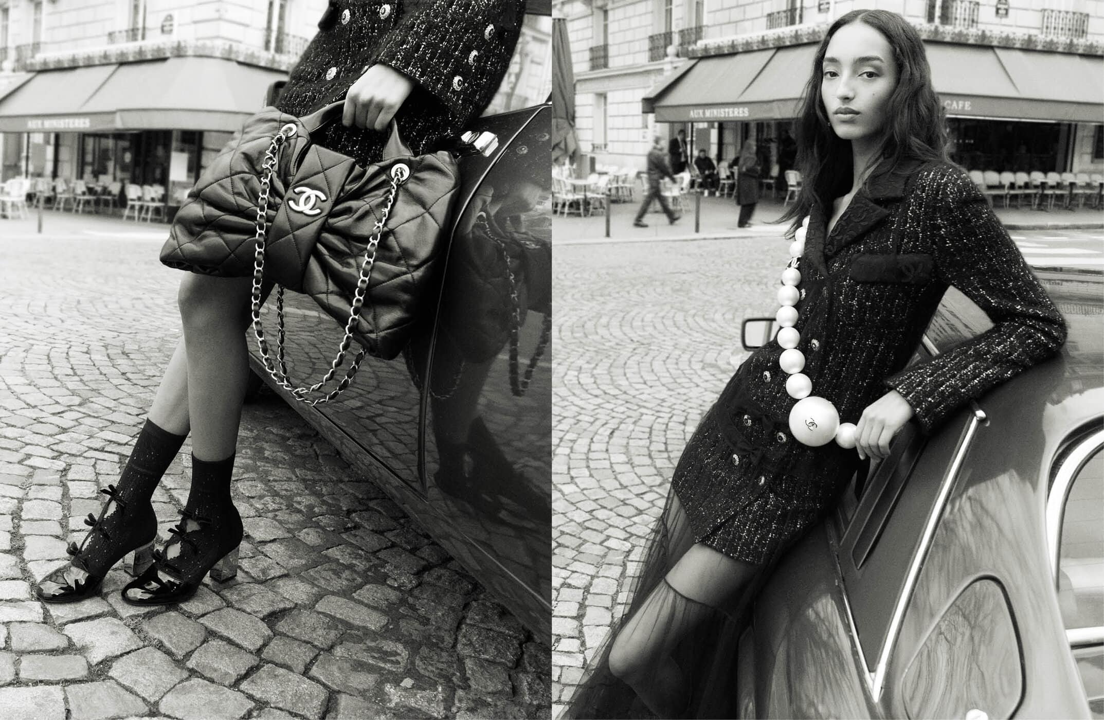 Monochrome fashion campaign image featuring Mona Tougaard leaning against a car in Paris wearing Chanel tweed and pearls