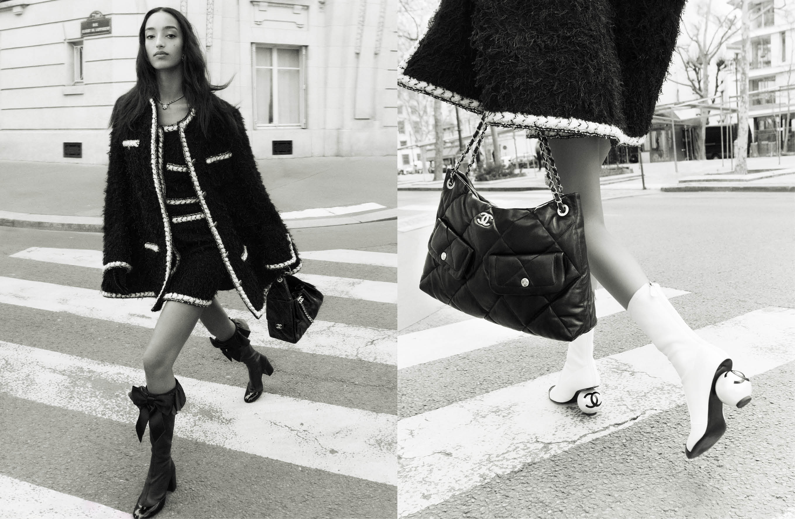 Mona Tougaard walking across a Paris street in a Chanel tweed jacket and skirt for the Fall 2025 ad campaign.
